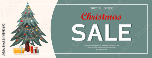 Flat vector banner Big Christmas sale. Cartoon Christmas template with festive decorations and food. New Year s card with a Christmas wreath, toys and garlands. Background for postcards and
