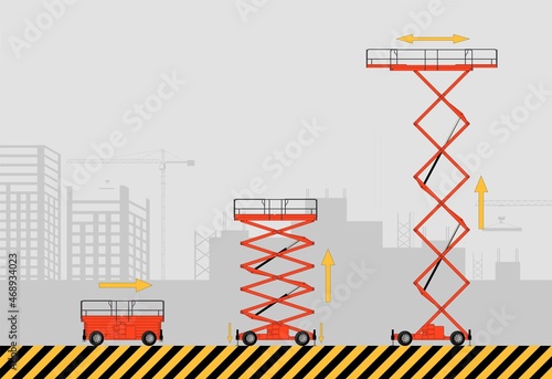 Set of scissors lifting platform on the background of the construction site. Hydraulic lift.