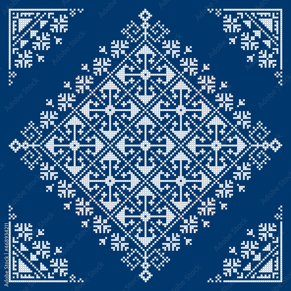Fototapeta premium Bosnia and Herzegovina ethnic folk art vector pattern styled as the old Zmijanje embroidery design with square ornament and corners in white on navy blue