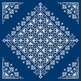 Bosnia and Herzegovina ethnic folk art vector pattern styled as the old Zmijanje embroidery design with square ornament and corners in white on navy blue
