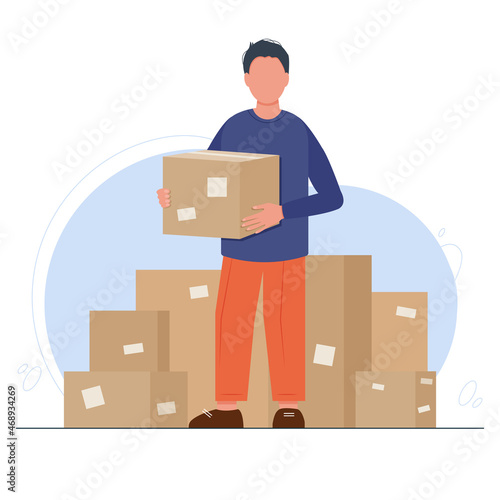Goods express delivery concept. Boy courier holding in hands cardboard box. Young man representing shipping service with parcels and packages on background. Vector illustration in flat style.