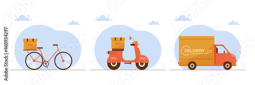 Delivery service concept. Courier set of bicycle, scooter and truck. Goods and food express transportation. Vector illustration in flat style.