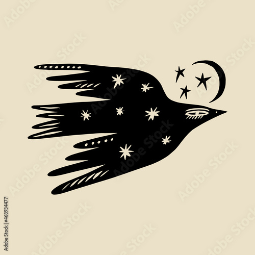 Boho folk bird night naive doodle art print contemporary style