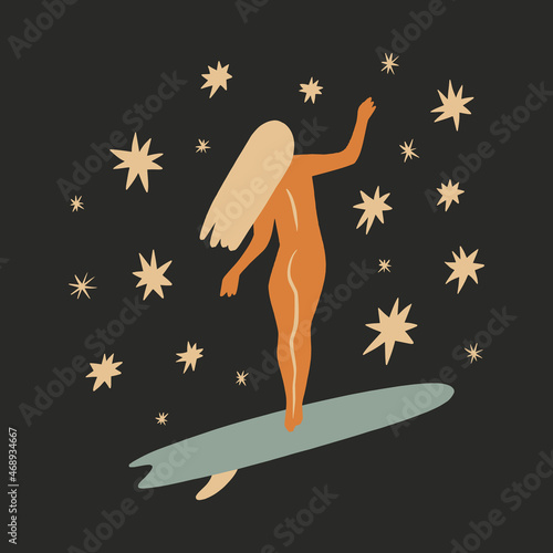 Surfing camp summer hippie groovy surf boho naive funky handdrawn style art surfboard elements