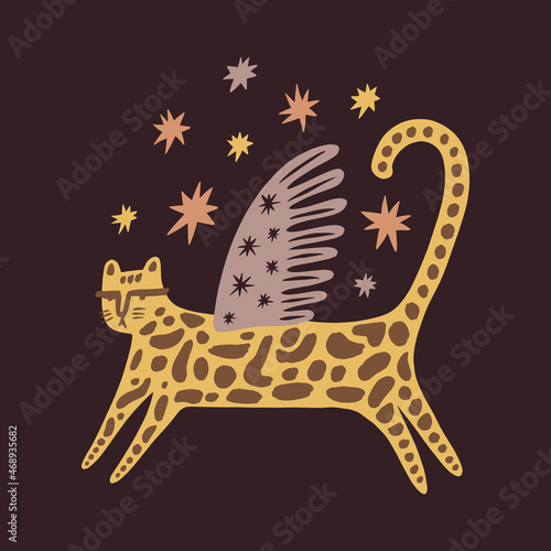Cuadro en lienzo Winged leopard cat boho naive funky handdrawn style art
