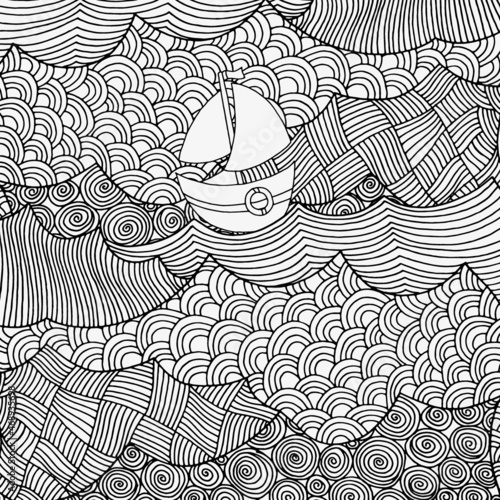 Alone boat sails floating on the waves.