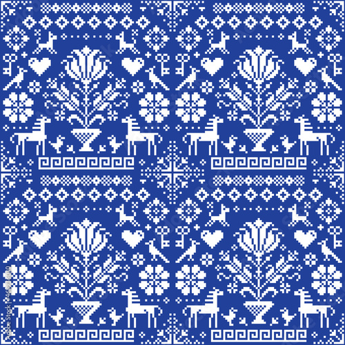 Retro cross-stitch vector seamless pattern with horses and flowers inspired by old German and Austrian style embroidery
