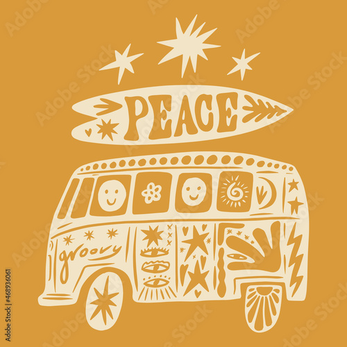 Surfing camp summer hippie groovy surf boho naive funky handdrawn style art surfboard elements