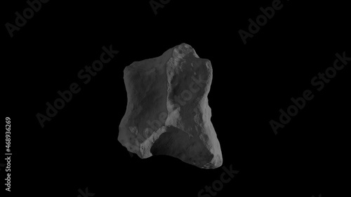 Gray asteroid, meteor flying in the space isolated on a black background with luma matte. Spinning stone 4K 3D render animation in slow motion.