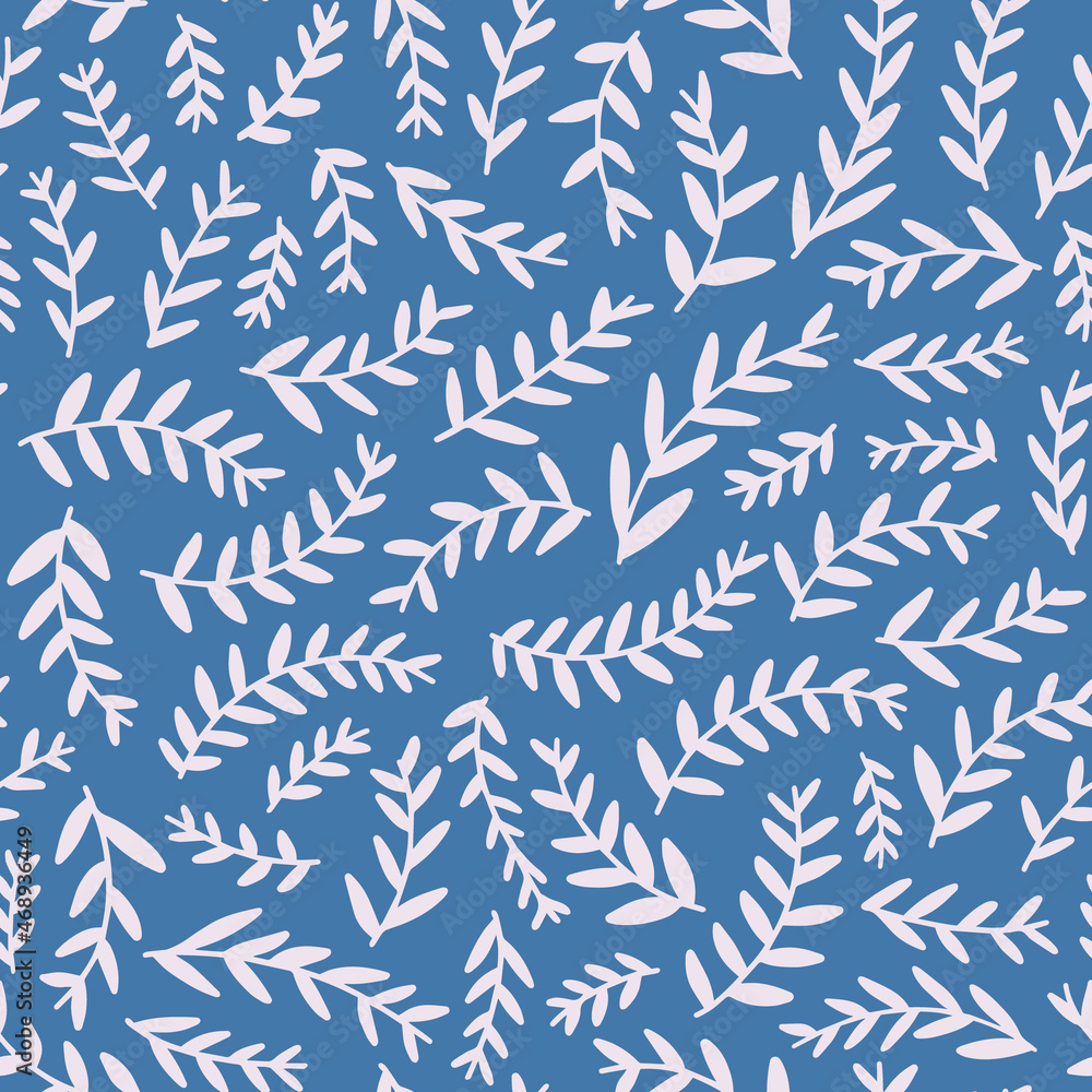Leaves seamless repeat pattern. Random placed, vector botany plant parts all over surface print on blue background. Leaves seamless repeat pattern. Random placed, vector botany plant parts all over surface print on blue background.