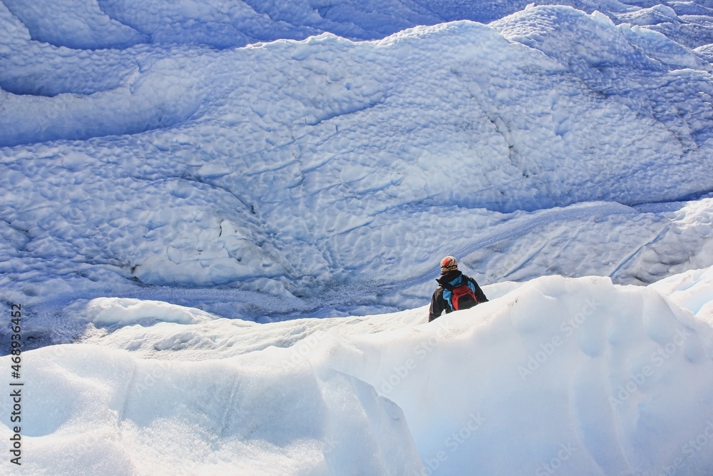 Disappeared Hiker man lost among on snow icy avalanches hills of melting Perito Moreno Glacier, Los Glaciares National Park, El Calafate, Patagonia, Argentina