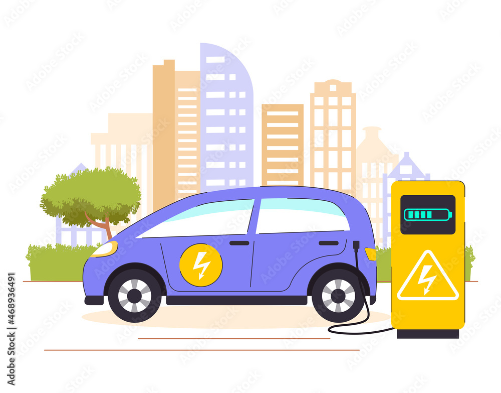 Electric car charging with city background. Concept illustration for environment care, ecology, sustainability, clean air, future. Vector illustration in flat style. Electric charger station.