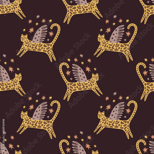 Winged leopard cat boho naive funky handdrawn style art