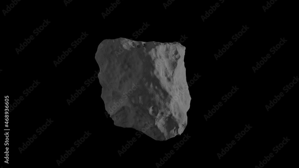 Gray asteroid, meteor flying in the space isolated on a black background with luma matte. Spinning stone 4K 3D render animation in slow motion. Gray asteroid, meteor flying in the space isolated on a black background with luma matte. Spinning stone 4K 3D render animation in slow motion.