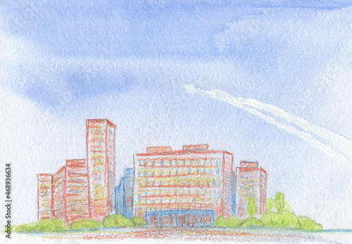 Landscape with group of buildings  against blue sky background with white clouds and flying plane.   Painted  with watercolor, pencils and gouache. Illustration for children book. photo