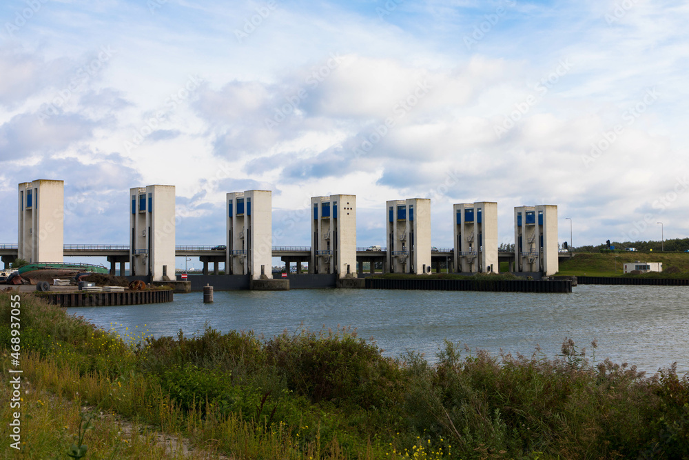 Panoramic view of the water flood system. IJsselmeer on the right and Markermeer on the left. Lelystad Flevopolder near Amsterdam Part of the Zuiderzeewerke. Water management. 