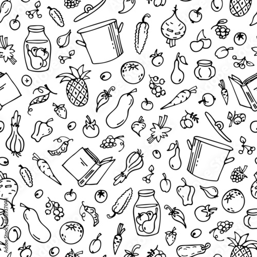 Seamless vector pattern with vegetables and fruits, saucepan, jar and berries. Hand drawn culinary print, food isolated on white background. Sketch of cooking and preserving food. Recipe book.