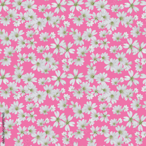 A blooming floral pattern in blooming botanical motifs is scattered randomly. Seamless vector texture. For fashionable prints. Hand-drawn print on pink background