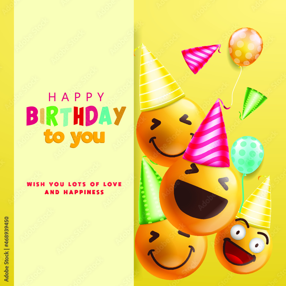 Fototapeta premium Happy birthday vector design wearing a birthday hat, ballons in white blank space for messages and texts for birthday celebrations and big parts. Vector illustration.