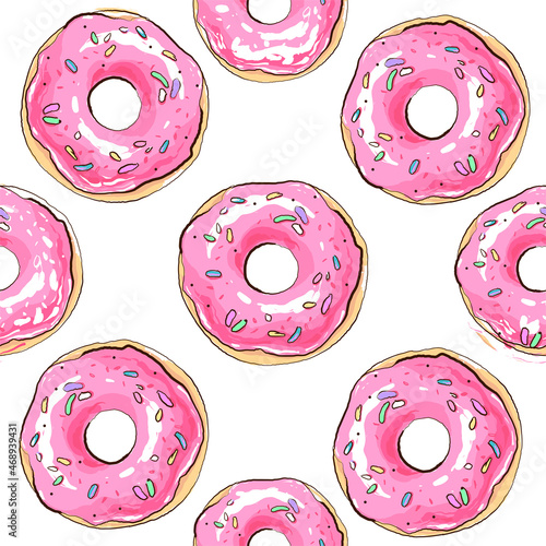 Pink Donut seamless pattern on white , hand drawn vector tasty sweet dessert