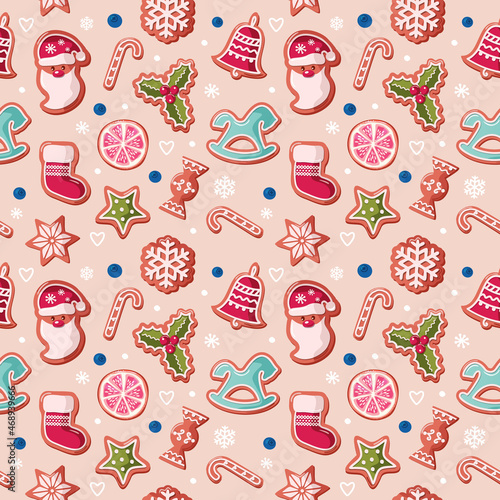 Christmas seamless background. Gingerbread cookies. Traditional festive pattern for wrapping paper, banners, pajamas. Raster