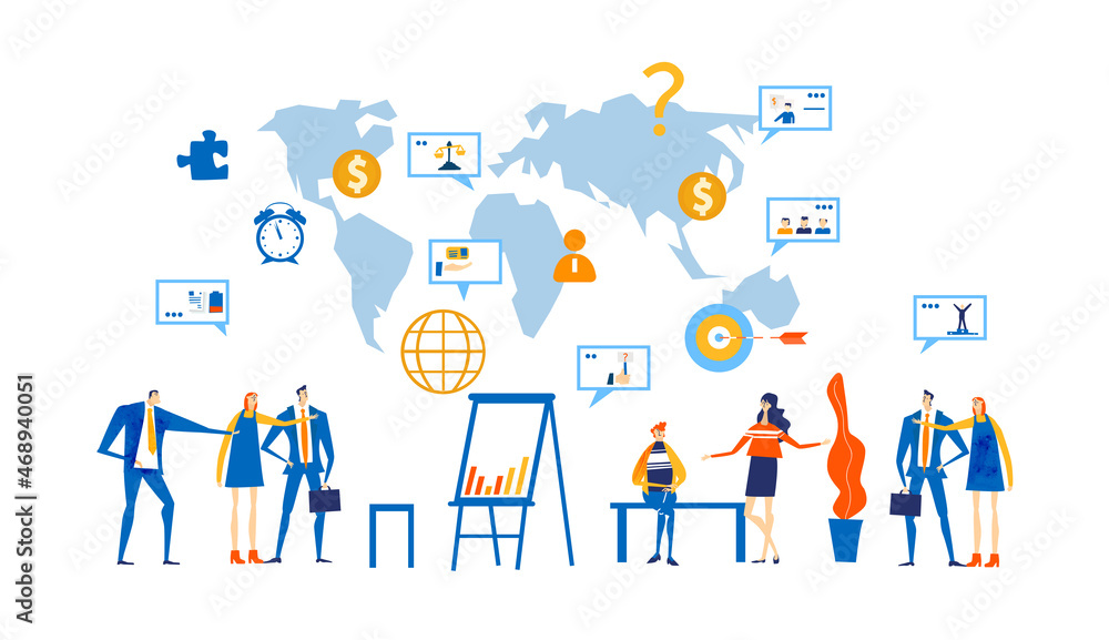 Business people working together next to world map. International, global business.Economy, finance industry, research, advisory, analysing data. Business concept illustration Business people working together next to world map. International, global business.Economy, finance industry, research, advisory, analysing data. Business concept illustration