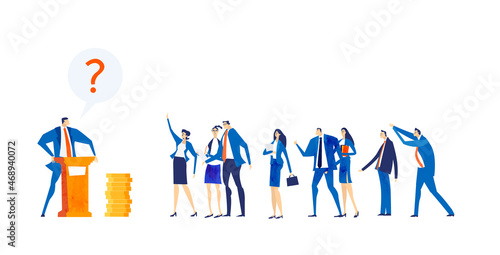 Business man giving a speech. Lots of business people are listening and applauding. Business concept illustration 