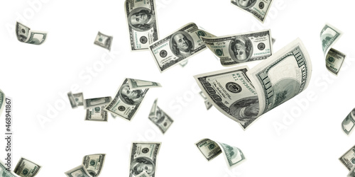 Money stack. Hundred dollars of America. Falling money isolated, us bill white background.