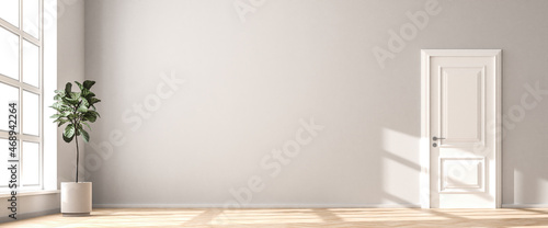 Interior scene: nearly empty living room in a loft style building. Bright wall, wooden parquet floor, fig tree and white door. 3d render - web banner size.