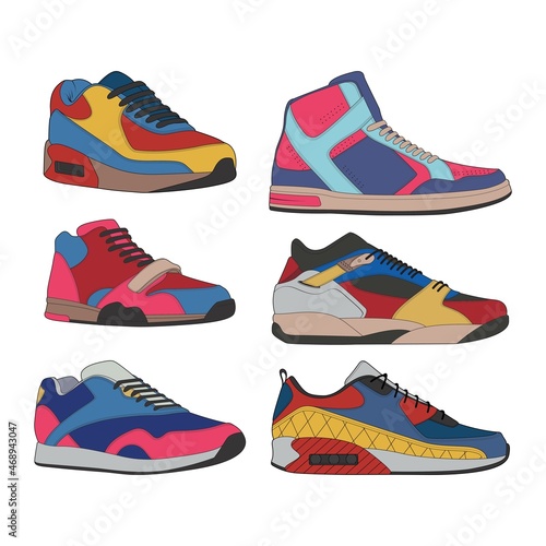 Vector set of sneakers shoes for training, running shoe vector illustration. Sport shoes color full.