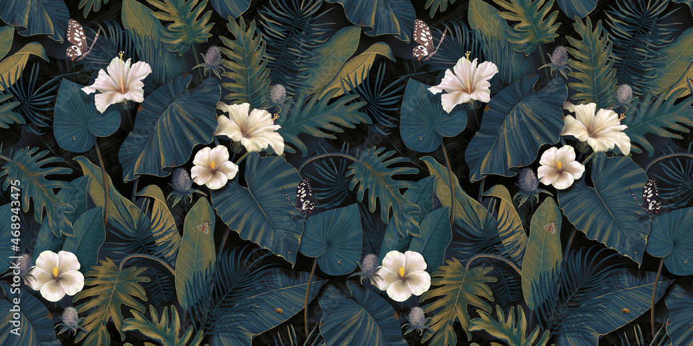 Tropical exotic seamless pattern with white flowers in tropical leaves. Hand-drawn 3D illustration. Good for design wallpapers, fabric printing, wrapping paper, cloth, notebook covers. - obrazy, fototapety, plakaty 
