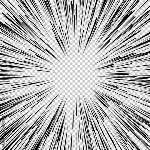 Flash explosion radial lines in comic book or manga style isolated on transparent background. Vector black light strips burst