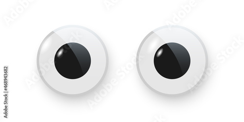 Toy eyes set vector illustration. Wobbly plastic open eyeballs of dolls looking forward. Round toy parts with black pupil isolated on white background