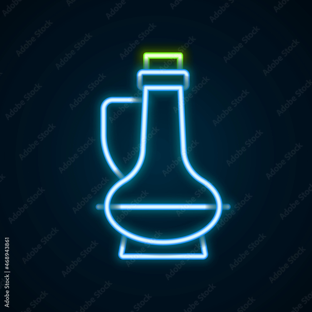 Glowing neon line Bottle of olive oil icon isolated on black background. Jug with olive oil icon. Colorful outline concept. Vector Glowing neon line Bottle of olive oil icon isolated on black background. Jug with olive oil icon. Colorful outline concept. Vector