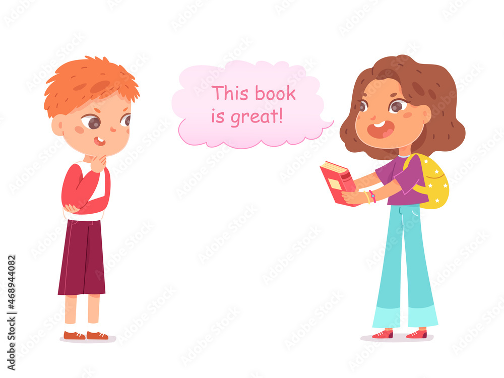 Cute kids talk, dialog about book, student girl holding book to study, talking to boy Cute kids talk, dialog about book, student girl holding book to study, talking to boy