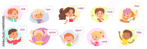 Children count on math lesson in school set, boy girl kid raising hands and fingers up