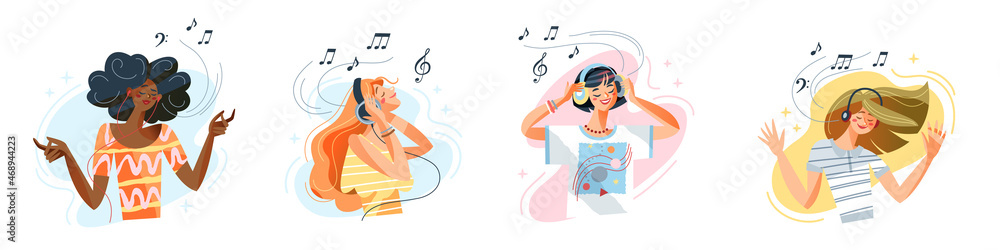 People listen music with headphones and enjoy set vector illustration.  Cartoon happy young women characters listening mp3 song or radio via  smartphone, persons using earphones isolated on white. Stock Vector | Adobe