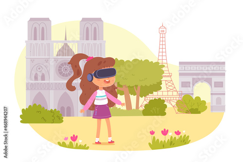 Virtual reality travel of kids, girl in vr glasses traveling in Europe simulation online