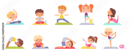 Set diverse kids practicing yoga performing different position exercising on mat vector illustration