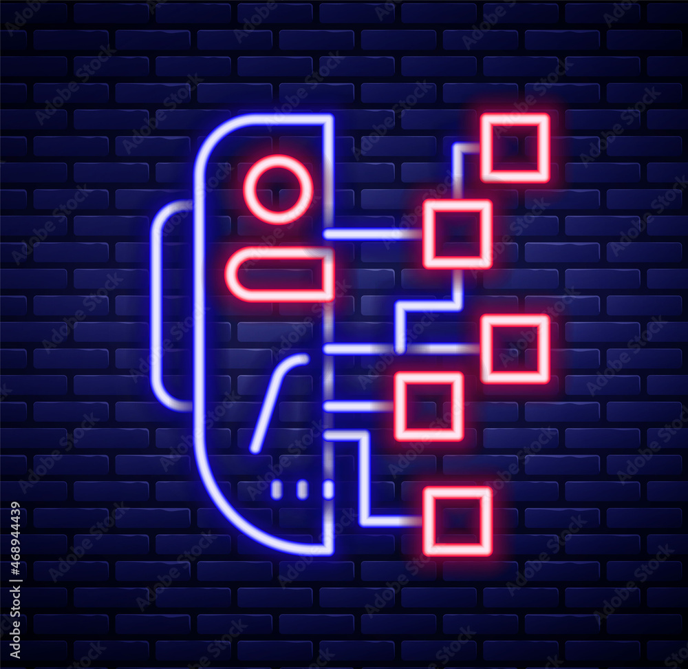 Glowing neon line Humanoid robot icon isolated on brick wall background. Artificial intelligence, machine learning, cloud computing. Colorful outline concept. Vector Glowing neon line Humanoid robot icon isolated on brick wall background. Artificial intelligence, machine learning, cloud computing. Colorful outline concept. Vector