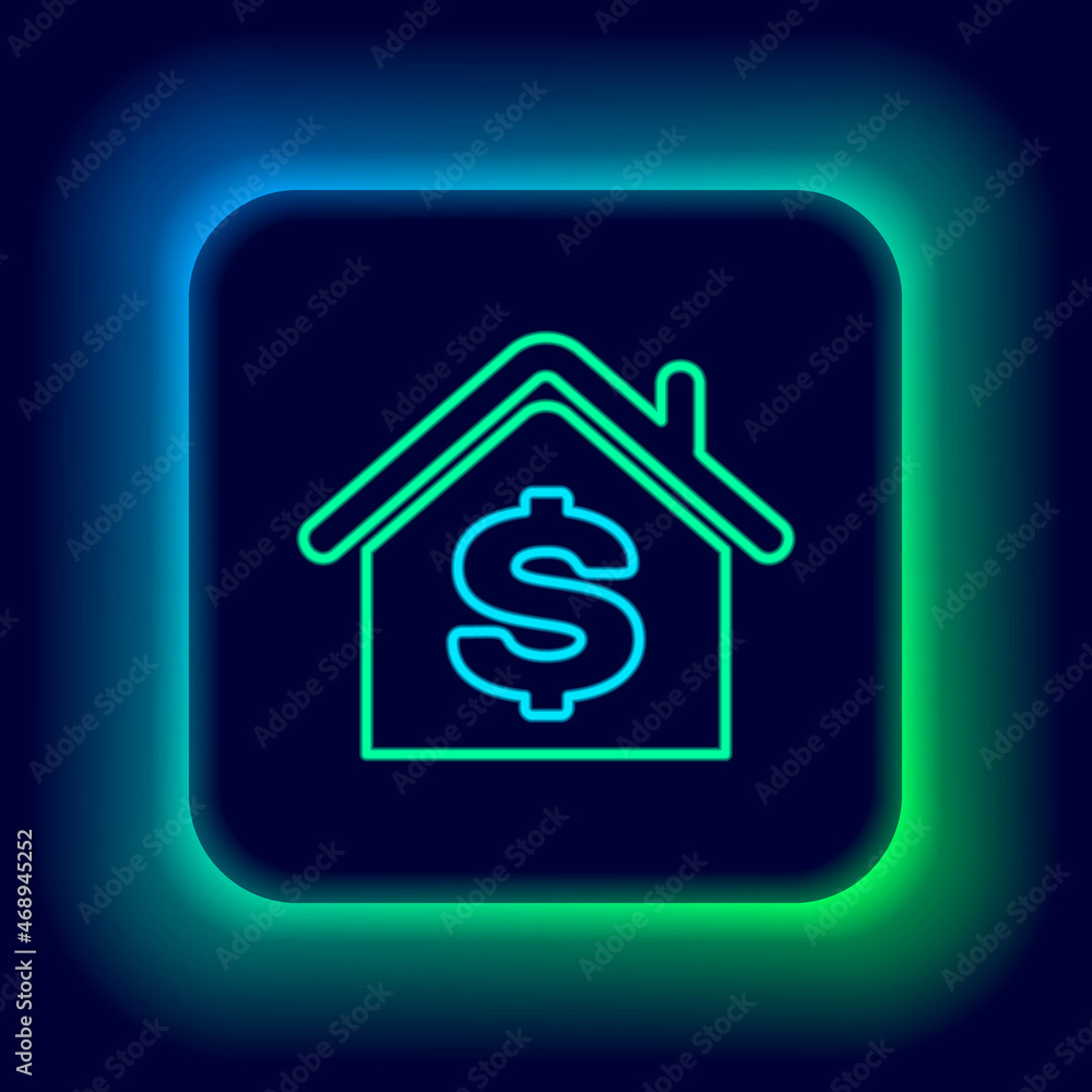Glowing neon line House with dollar symbol icon isolated on black background. Home and money. Real estate concept. Colorful outline concept. Vector