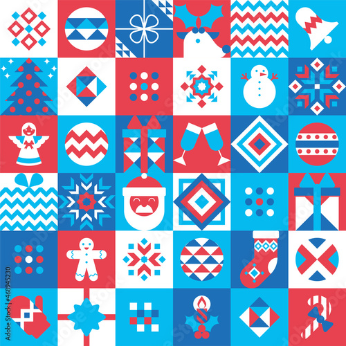 Christmas background with geometric simbols Santa, deer, angel, gingerbread, gifts, balls, snowflakes. Seamless pattern for fabric, wrapping paper, wallpaper, gift packaging, greeting card