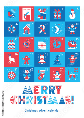 Christmas advent calendar with days numbers, traditional holiday's simbols and lettering merry christmas. Geometric mosaic, scandinavian style. Printable layout, template.