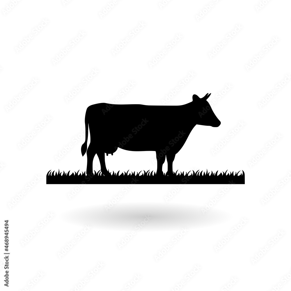 The cow is eating grass black and white silhouette icon with shadow The cow is eating grass black and white silhouette icon with shadow
