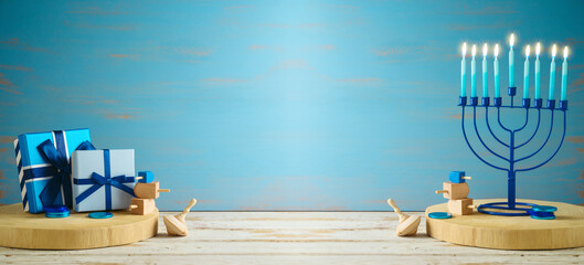 Jewish holiday Hanukkah banner design  with menorah and gift box on wooden table over blue background