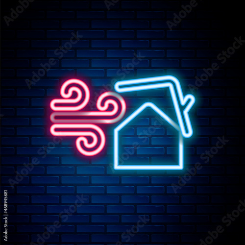 Glowing neon line Tornado swirl damages house roof icon isolated on brick wall background. Cyclone, whirlwind, storm funnel, hurricane wind icon. Colorful outline concept. Vector