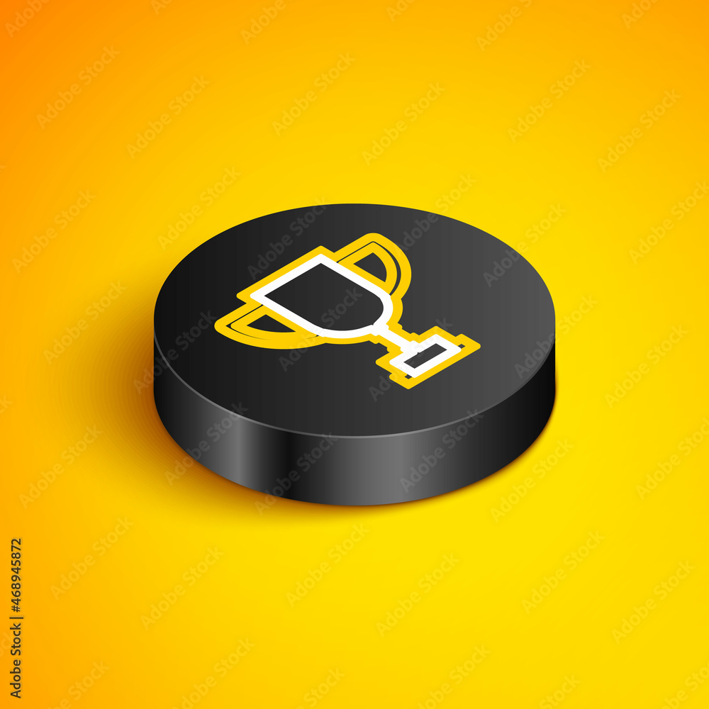 Isometric line Hand with basketball ball icon isolated on yellow background. Sport symbol. Black circle button. Vector Isometric line Hand with basketball ball icon isolated on yellow background. Sport symbol. Black circle button. Vector