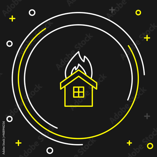 Line Fire in burning house icon isolated on black background. Insurance concept. Security, safety, protection, protect concept. Colorful outline concept. Vector