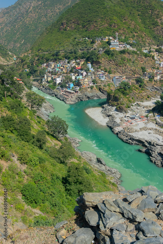 Alaknanda and Bhagirathi rivers meet and take the name Ganga at Devprayag in the state of Uttarakhand, India, and is one of the Panch Prayag (five confluences). Hindu holy place. © mitrarudra