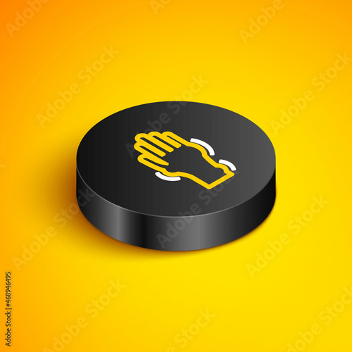 Isometric line Hand with psoriasis or eczema icon isolated on yellow background. Concept of human skin response to allergen or chronic body problem. Black circle button. Vector